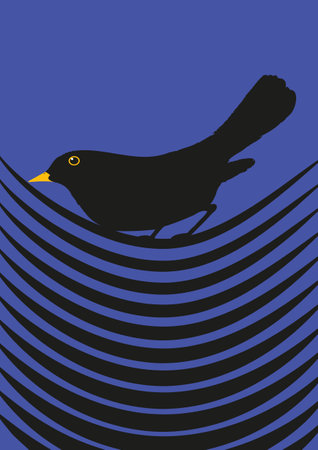 Starling bird on the wire illustration. Silhouette of the sparrow sitting on a branch. Artwork for print, a4 vector. Nature bohemian illustrationのイラスト素材