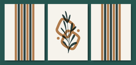 Botanical wall art vector drawing abstract shapes. Floral poster set composition for home decoration. Artwork for print, a4 vector. Floral bohemian illustrationのイラスト素材