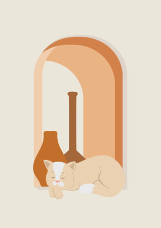 Illustration with cat boho printable art. Aesthetic minimalist poster with vases and sleeping kitten. Pottery class, printed vector artwork. Floral bohemian illustrationのイラスト素材