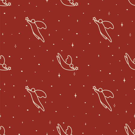 Aesthetic illustrations seamless pattern with angel character. Christmas star, Cute cartoon new year holidays 2d illustration. Vector endless texture for digital paper, fabric.のイラスト素材