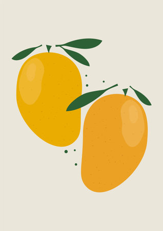 Aesthetic mango cartoon illustration poster. Abstract sweet fruits vector. Trendy wall art design with groovy fruits. Doodle style fruits art for poster, banner, background.のイラスト素材