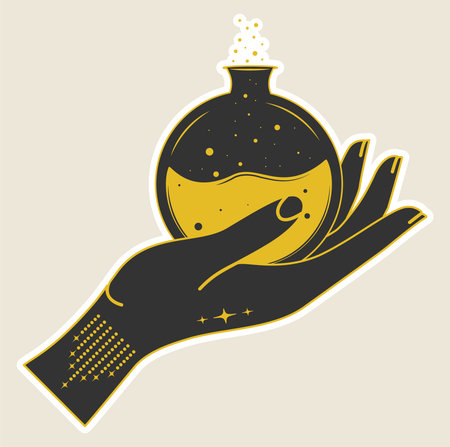 Human hand with poison sticker. Vector black tribal witchcraft art. Alchemy icon, Halloween art. For wrapping paper, fabric print, wallpaperのイラスト素材