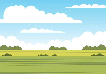 Vector illustration of beautiful summer fields landscape. Springtime panorama flat cartoon style banner. Nature field landscape in harvesting seasonのイラスト素材