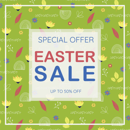 Happy Easter sale banner, greeting card. Trendy design with typography. Hand painted blooming meadow in green color. Modern art minimalist style.のイラスト素材