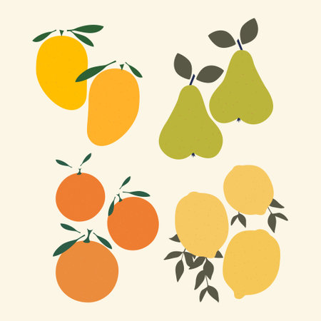 Juicy fruits simple illustration collection. Abstract elements groovy fruit design for design. Aesthetic citrus vector. Trendy art design with groovy fruits vector illustrationのイラスト素材