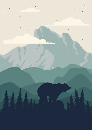 View on spring mountain range poster print. Aesthetic minimalist springtime forest landscape. Grizzly bear on the cliff illustration. Wall art banner wallpaper background rural peaceful wildlifeのイラスト素材