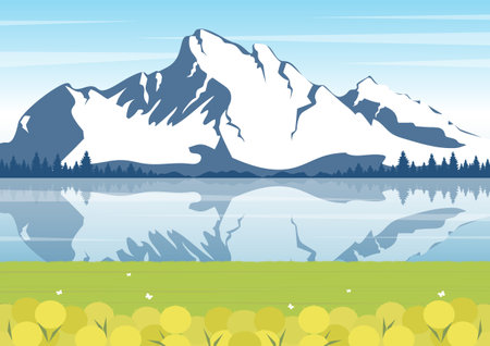Spring Mountains landscape near water illustration. Minimalist view with forest and spring field poster. Alpine field in flat cartoon style illustration. Mid century modern minimalist art printのイラスト素材