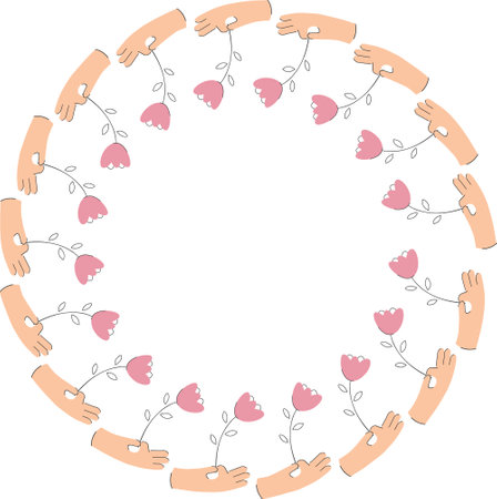 Tulip in hand frame decoration. Hand with pink tulip border. Flower round frame for International Women's Day. Element for design, invitations, gift cards, flyers and brochuresのイラスト素材