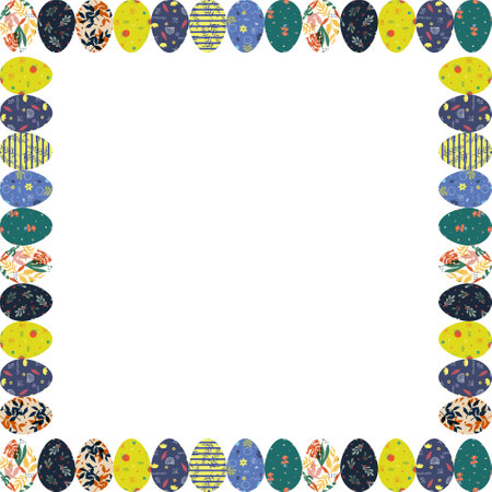 Colorful painted Easter eggs square frame. Easter holidays border frame design template. Border with decorated eggs on white background. Vector illustration with place for your textのイラスト素材