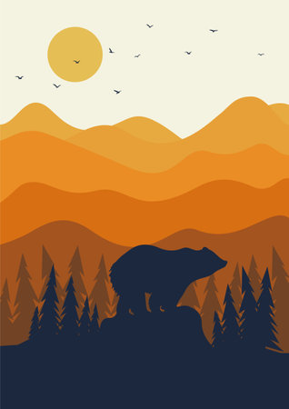 View on morning mountains with sunrise poster. Grizzly bear on the cliff illustration. Aesthetic minimalist Swiss pine tree forest. Wall art banner wallpaper background rural peaceful wildlifeのイラスト素材