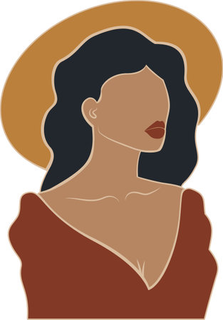 Stylish woman in hat, beautiful summer lady. Vintage summer illustration of hispanic lady. Fashion decor sticker, contemporary artistic poster. Beautiful bohemian printのイラスト素材