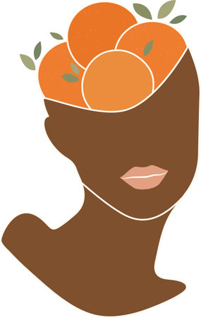 Abstract female shapes and silhouettes illustration. Fruits and leaves artistic art composition. Vintage summer illustration of afro lady.のイラスト素材