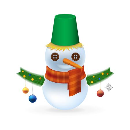 Snowman in scarf with fir branch, Christmas balls and snowflakeのイラスト素材