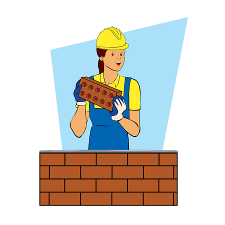 A female builder is working as a bricklayer. Cartoon character design. Color vector illustration. Flat style.のイラスト素材