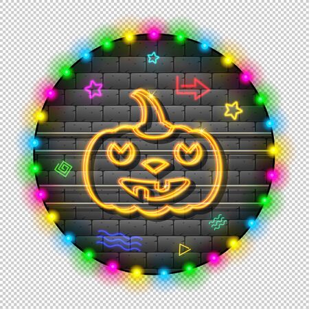 Pumpkin. Neon garland on a brick gray wall. Around bright bulbs and glowing elements. Retro. Illumination night for the holiday Halloween. Vector. Illustration.のイラスト素材
