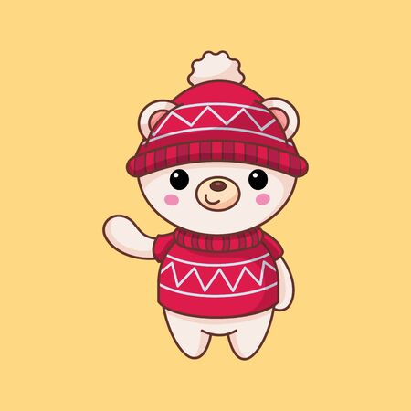 White bear in a red hat and sweater. New Year cartoon character. Flat style. Vector illustration. Art.のイラスト素材