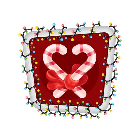 Santa's sweet caramels tied with a bow against the background of glowing New Year's garlands. Cartoon. Vector illustration. Realistic style. Icon.のイラスト素材