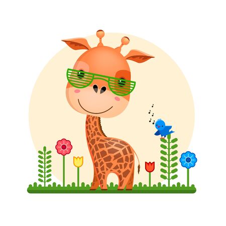 Giraffe in club glasses on the nature around the flowers, next to a blue bird sings. Cartoon character. Vector illustration. Drawing.のイラスト素材