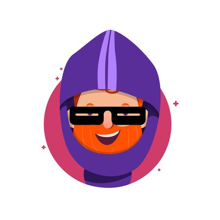 Cartoon character. Portrait of a young red-haired man with a beard and sunglasses in a fitted suit in a hood. Flat style. Vector illustration. Drawing.のイラスト素材