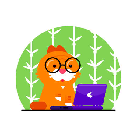 A red cat with glasses is sitting at a laptop and typing. Cartoon cute character. Flat style. Vector illustration. Drawing.のイラスト素材