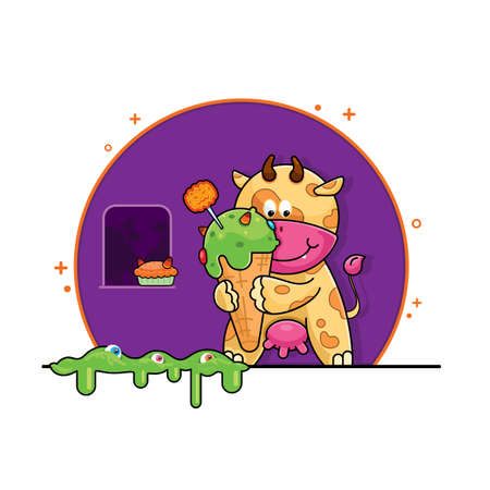 Sweet little cow with delicious ice cream. On the floor there is mucus from the eyes. There is a pumpkin pie on the window. Ready for Halloween. Cartoon character. Vector illustration. Draw.のイラスト素材