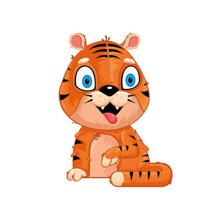 Cute friendly tiger cub with tongue. In cartoon style on a white background. Vector illustration.のイラスト素材