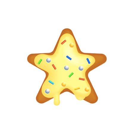 Star cookie with glaze and sprinkled with sweets. Cartoon style. Vector 3d illustration.のイラスト素材