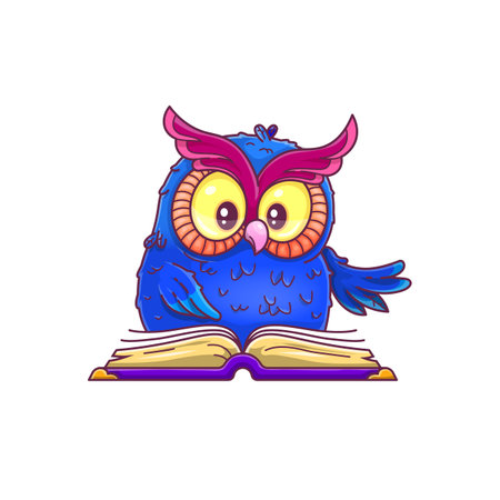 Wise owl with an open book. Character design in cartoon style. Vector baby illustration.のイラスト素材