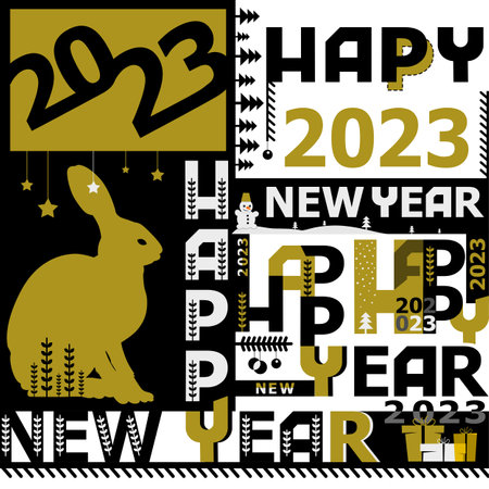 Font composition Happy New Year 2023. Festive background with a bunny, spruce branches and a snowman. vector illustration.のイラスト素材