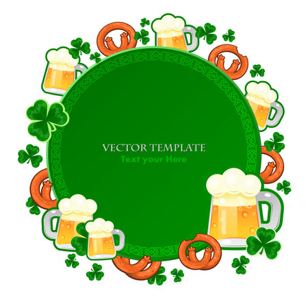 Template with round negative space in green color for text for St. Patrick's Day holiday. Decorated with the main symbols of a glass of beer with sausage and clover. Copyspace. Vector illustration.のイラスト素材