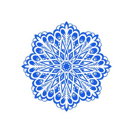 Blue snowflake, symbol of winter. Abstract lace, repeating circular pattern. Flat style. Vector illustration.のイラスト素材