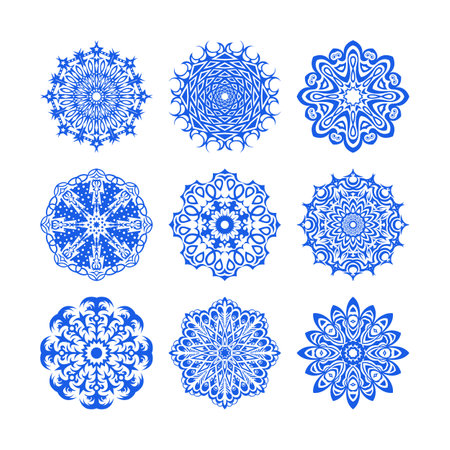 Winter set of blue snowflakes. Abstract, lace, repeating pattern. Flat style. Vector illustration.のイラスト素材
