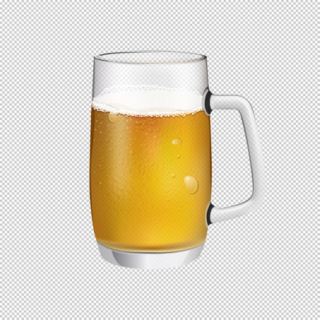 A pint of foamy beer, amber and sparkling in color with splashes on the glass. Realistic style on transparent background. Vector illustration.のイラスト素材