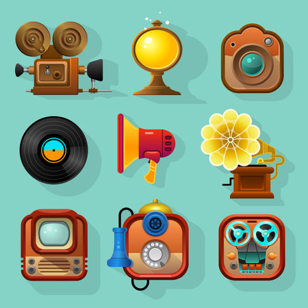 Vintage icons of multimedia devices. Retro technologies such as video photo cameras, gramophone, megaphone, reel-to-reel radio, vinyl record, telephone, antique lamp. Vector illustration.のイラスト素材