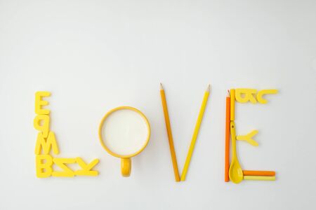 the word love is lined with yellowの写真素材