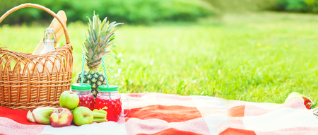 picnic basket, fruit, juice in small bottles, apples, milk, pineapple summer, rest, red plaid grass Copy spaceの写真素材