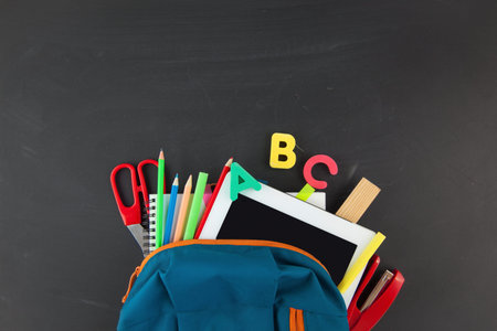 Back to school Accessories for school on a dark background Pencils Plasticine letters Letters...
