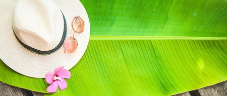 palm leaf, straw hat, pink sunglasses Summer background Copy space Top view Banner conceptの写真素材