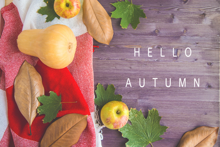 Autumn background. Pumpkins Leaves Plaid Apples on a wooden backgroundの写真素材
