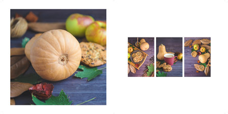 Set of autumn images Autumn background. Cookies, Pumpkin Leaves Plaid Apples on a wooden background.の写真素材