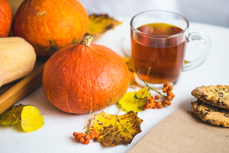 Hello, Autumn. Orange pumpkins Notepad Cup of tea Autumn foliage on a white background Close upの写真素材