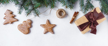 New Year and Christmas concept. Christmas tree, Christmas decorations, gift, cookies, Copy space Top...