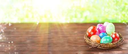 bright early colored easter eggs on a sunny spring background Copy space Banner