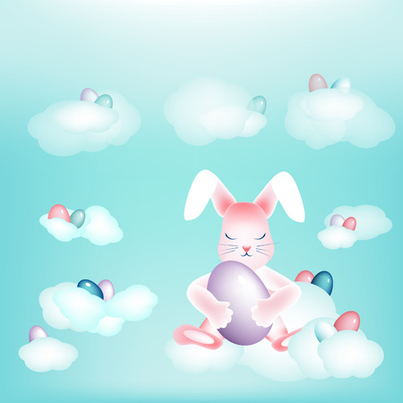 Easter bunny with colorful eggs napping on the clouds Copy spaceのイラスト素材
