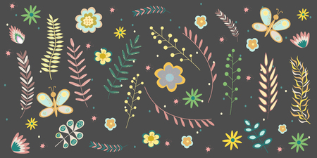 Summer floral banner pattern Flowers and branches in pastel colors. Vector illustrationのイラスト素材