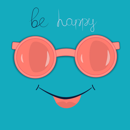 Vector summer holiday cute background with smile and sunglasses Illustration with the words Be happy Post card Greeting cardのイラスト素材