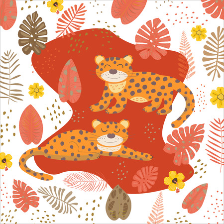 Tropical pattern with leopards and palm leaves. African motifs. Vector illustration Print for children's t-shirts, sweaters.のイラスト素材