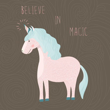 Cute unicorn with the inscription Believe in magic. Children's print on a t-shirt. Cartoon Character Vector Illustrationのイラスト素材