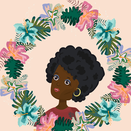 beautiful african american girl with flower wreath summer concept vector illustrationのイラスト素材
