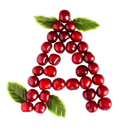 One English letter A Alphabet of ripe cherries. Isolate on white background. Summer, healthy concept. Juicy berries.の写真素材